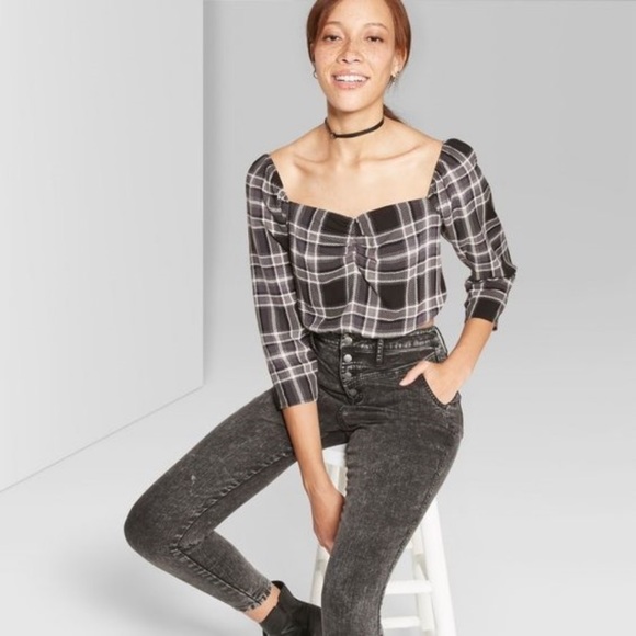 wild fable Tops - Wild Fable Women's Plaid Puff Long Sleeve Cropped Top NWT